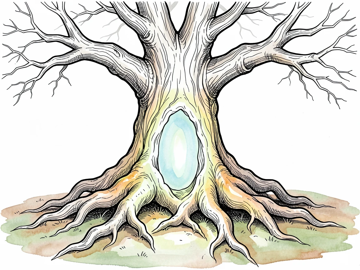An ancient tree with a glowing portal nestled within its massive gnarled roots