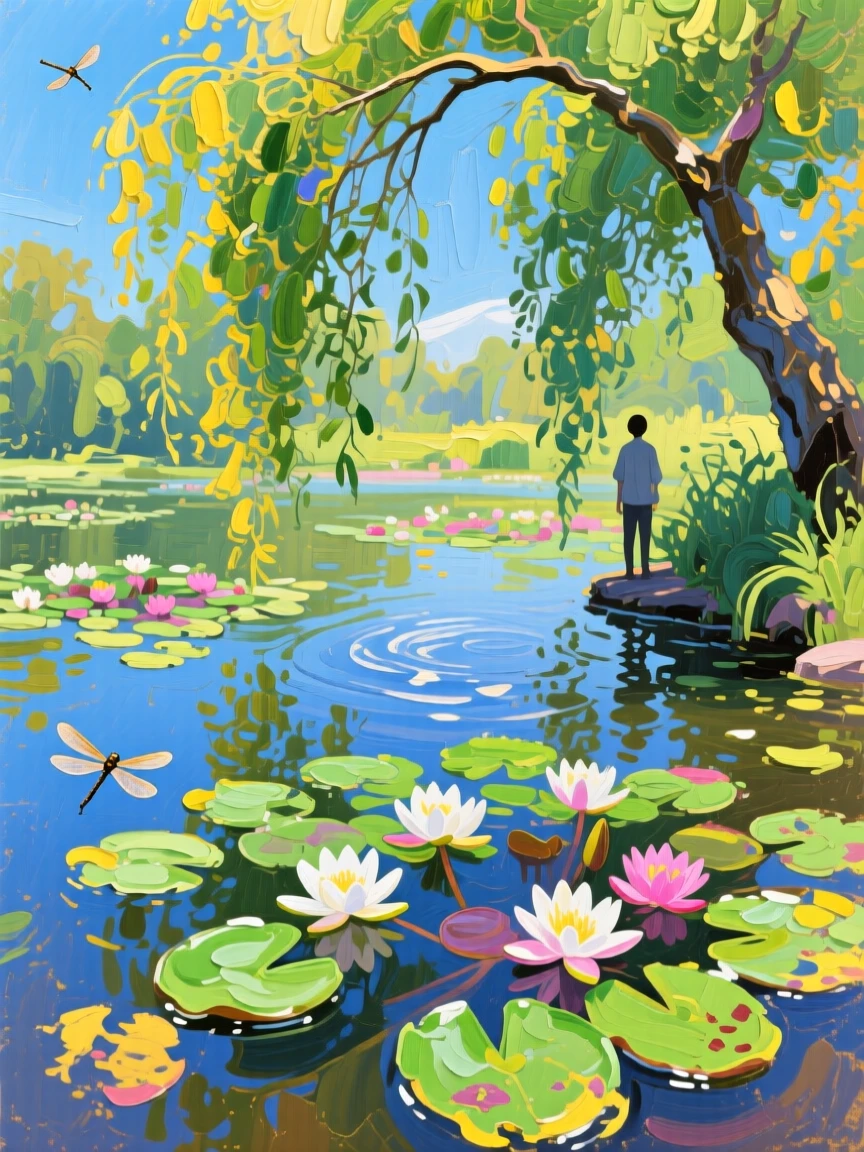 a pond with water lilies beneath a willow, at the height of summer, from an inviting eye-level viewpoint.
