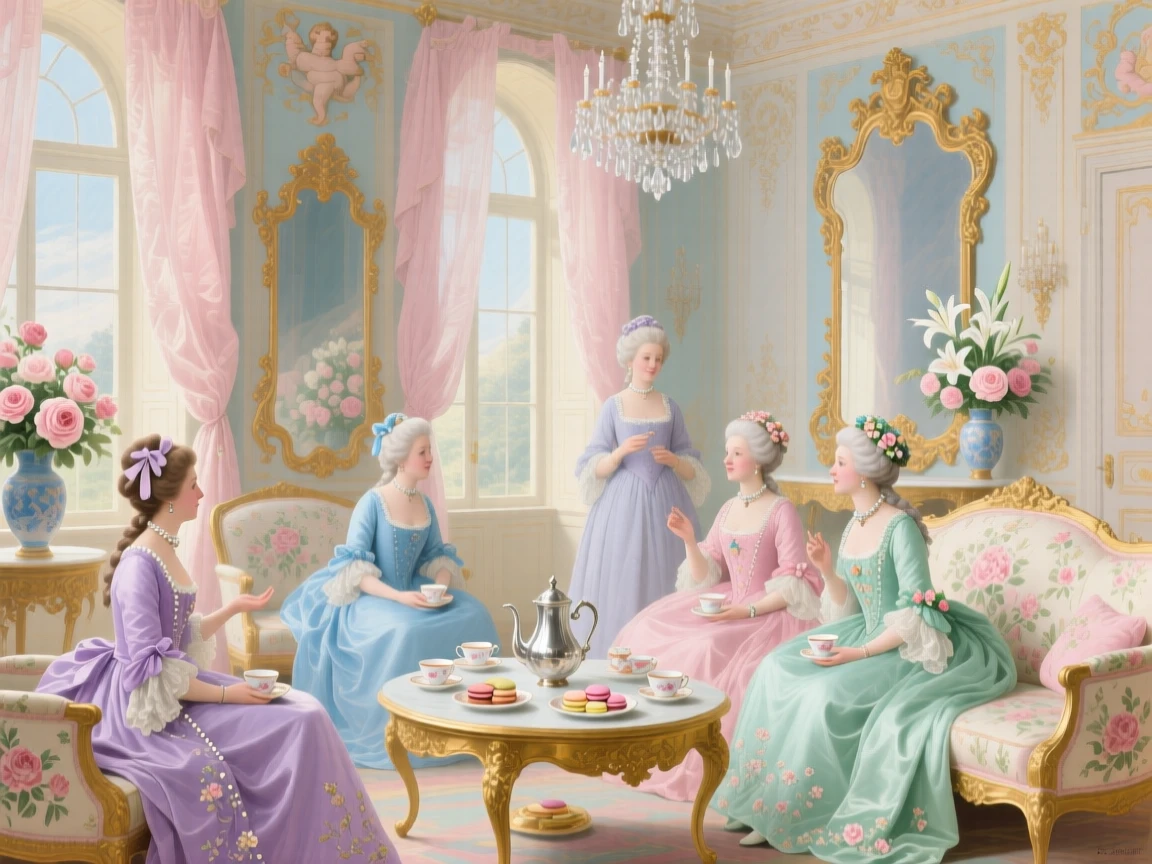 A royal salon during a tea gathering, with ladies conversing on silk sofas  