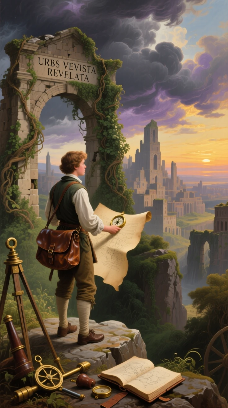 A young cartographer uncovers an abandoned city reclaimed by vines as storm clouds gather on the horizon.