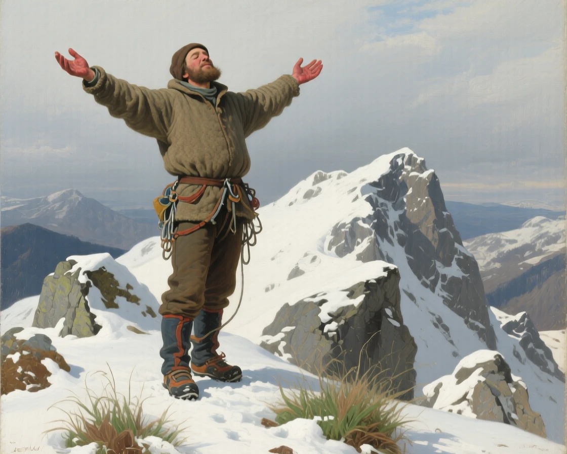 A mountaineer standing triumphantly at a snowy summit, arms outstretched, their hands shown in careful, expressive detail, celebrating the quiet dignity found in everyday human life
