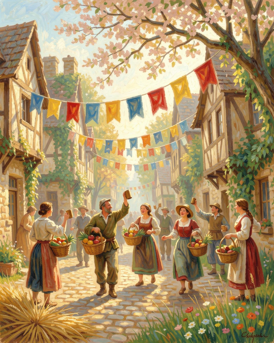 A traditional harvest festival in a medieval village, farmers celebrating beneath colorful banners.