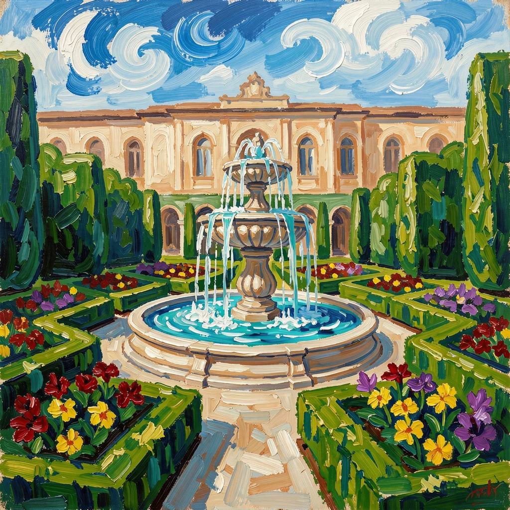 A grand palace garden with symmetrical hedges and a fountain at its center.