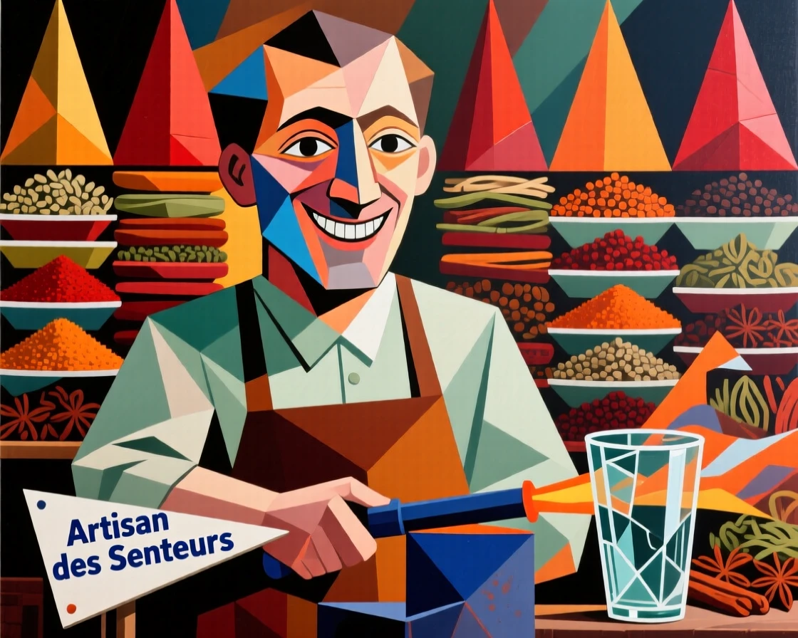 A candid medium shot of a glassblower smiling gently surrounded by stacks of fragrant spices.