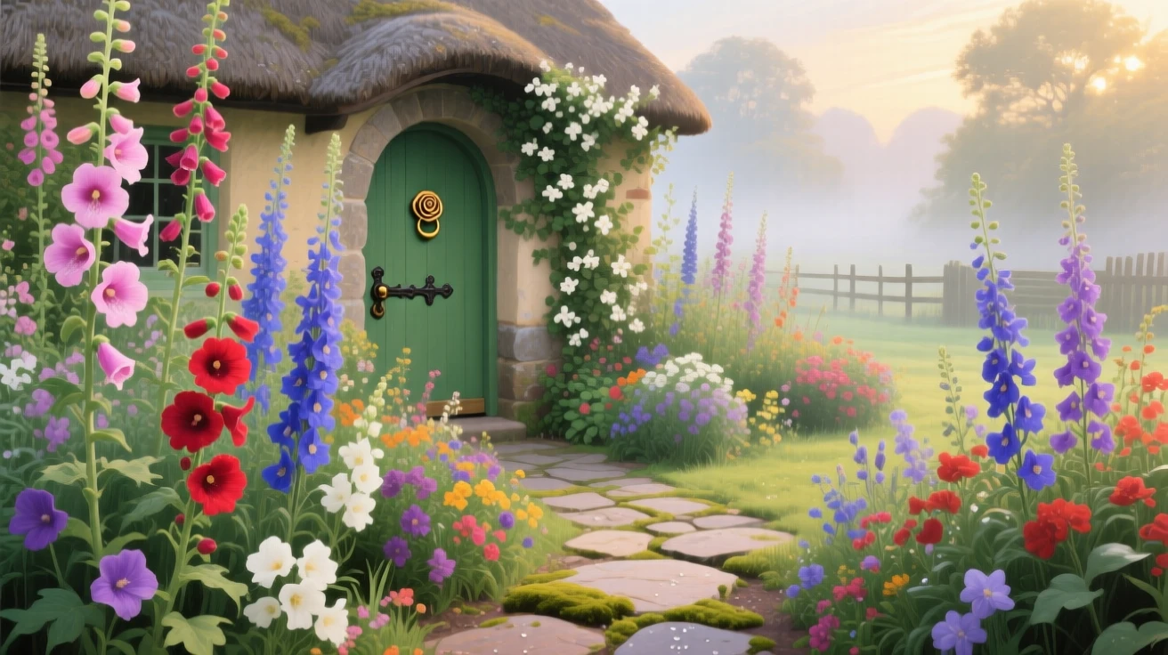A traditional cottage garden overflows with hollyhocks, foxgloves, and delphiniums in a chaotic riot of color, a stone path leading to a thatched-roof door, the air carrying a faint mist that softens distant shapes without obscuring the overall view.