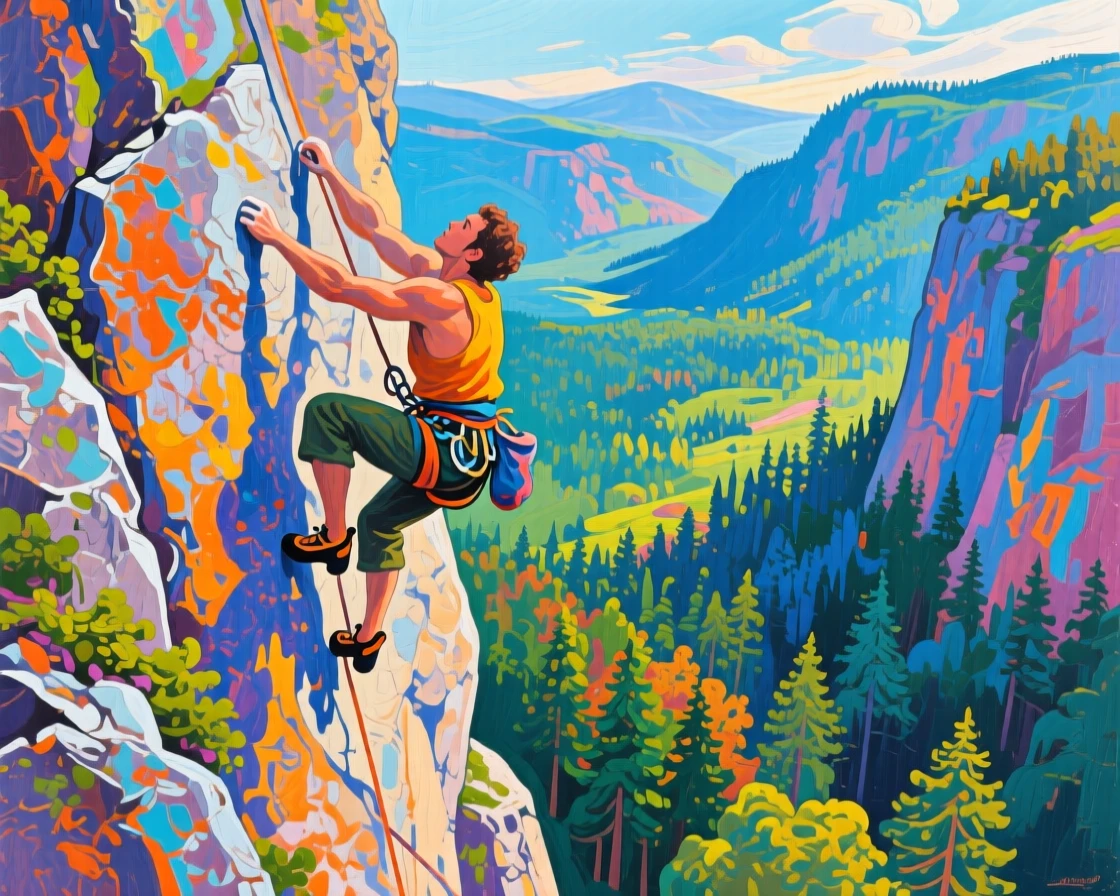 A rock climber free-soloing a sheer granite cliff face high above a forested valley