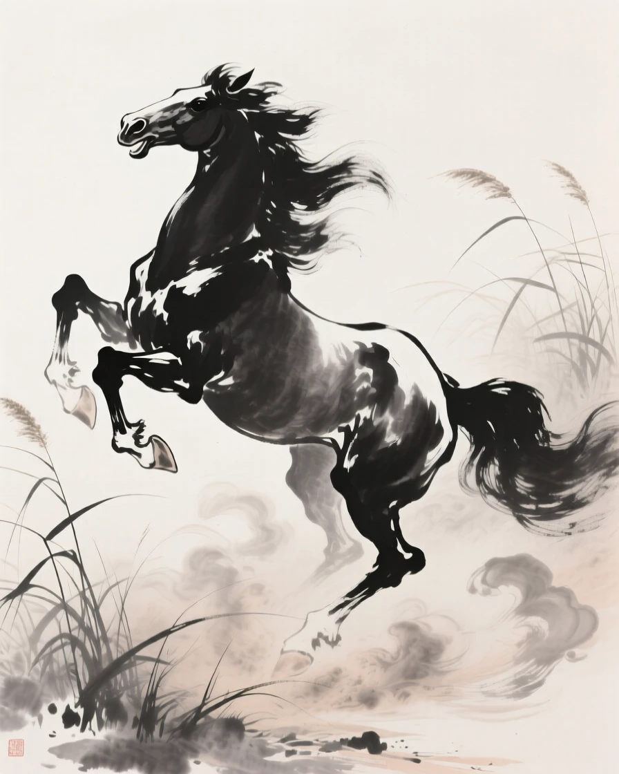 A horse rears on its hind legs in a cloud of dust, with wind bending the tall grass around them.