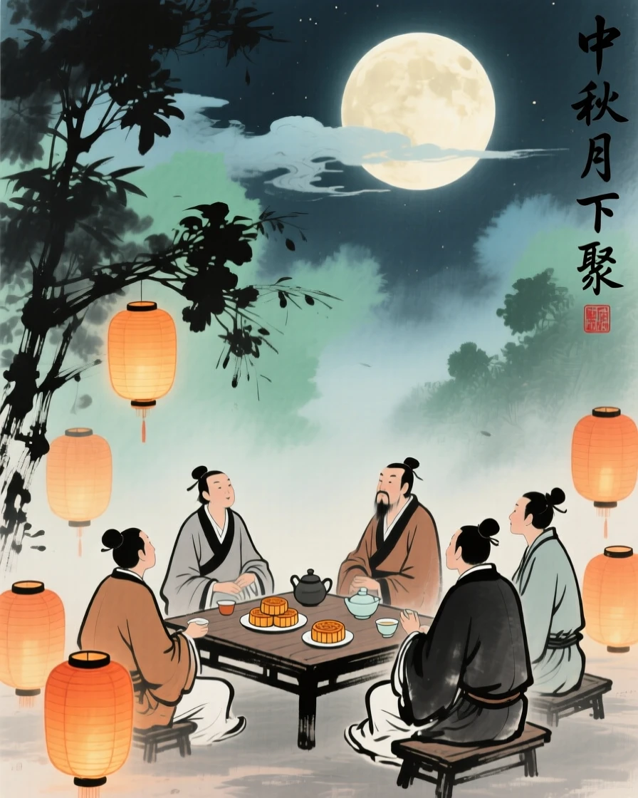 A mid-autumn festival gathering with lanterns lit beneath a full moon, through a light drifting mist, touched with gentle melancholy, under drifting clouds.