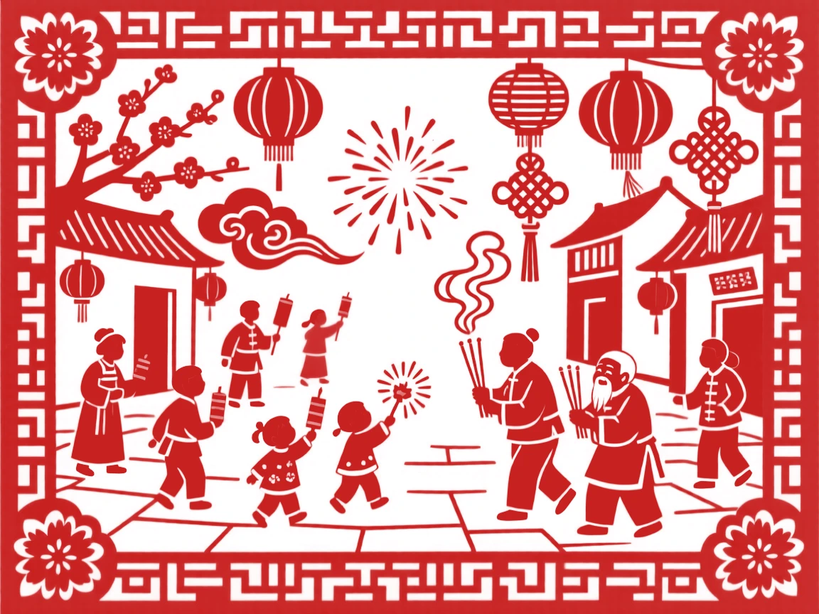 A scene of a village square decorated for the new year, alive with the sound of firecrackers and laughter, with the scent of incense drifting through the air.
