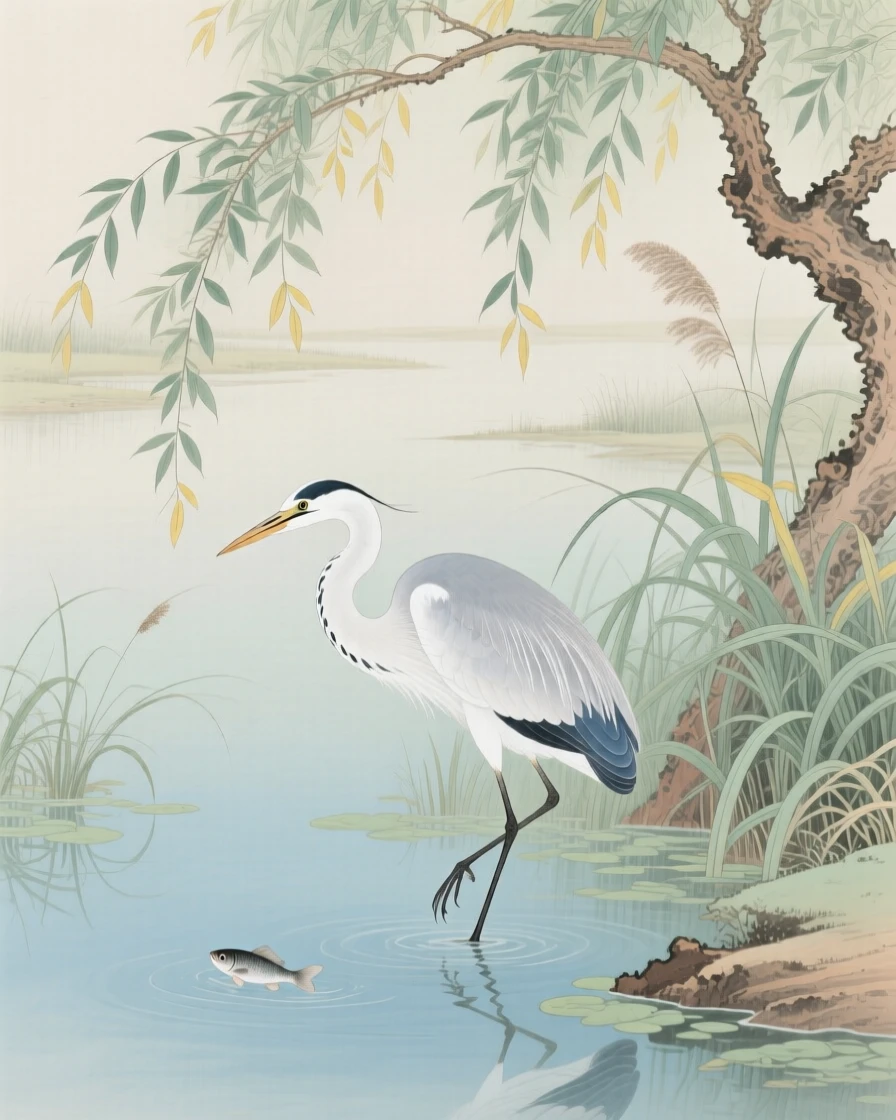 A heron fishing at the edge of a marsh under the shade of an overhanging willow tree