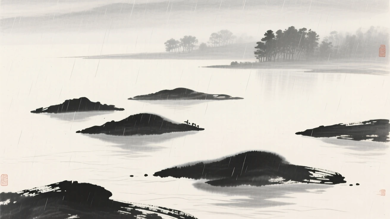 A cluster of small islands scattered across a calm bay while a light rain blurs the distant tree line, viewed from a high vantage point looking down across the whole scene, suggesting the quiet vastness of the natural world.