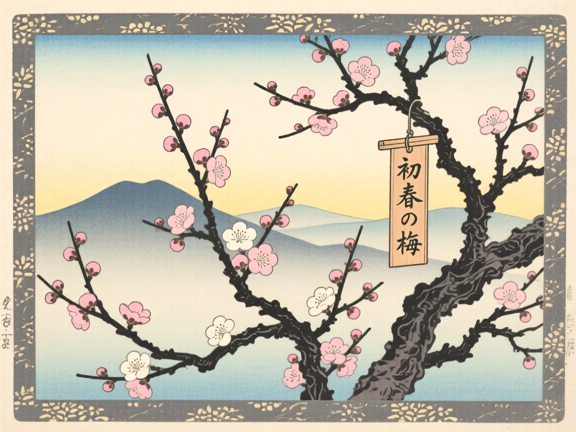 Bare plum branches budding with new blossoms with distant mountains fading into haze.