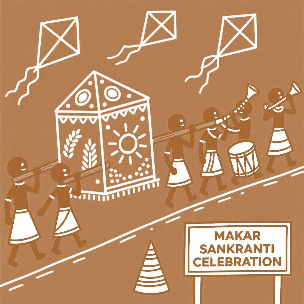 Makar Sankranti celebrated with a procession carrying a decorated palanquin.