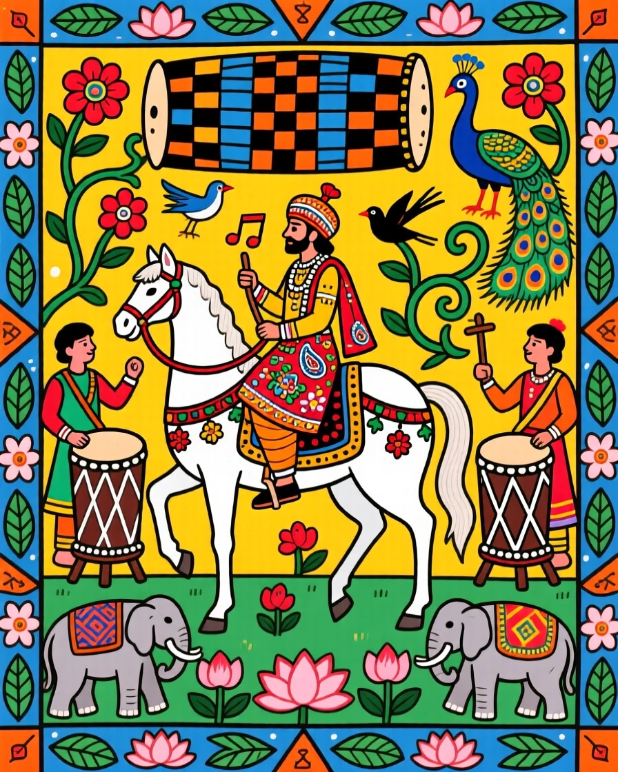 A groom arriving on a white horse to the sound of celebratory drums.