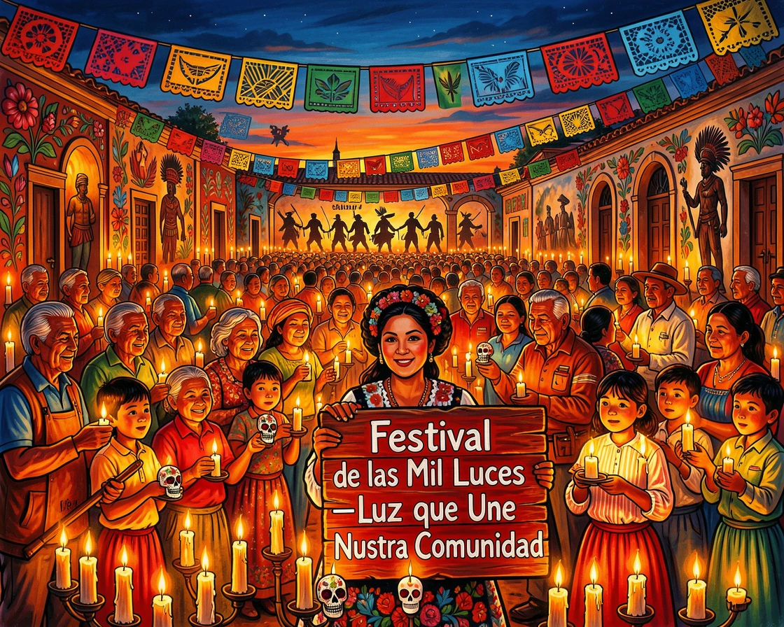 A festival of lights with thousands of candles glowing at dusk