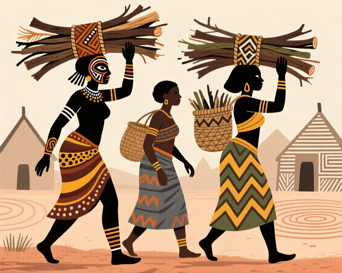 Women carrying bundles of firewood home at the edge of a quiet village.