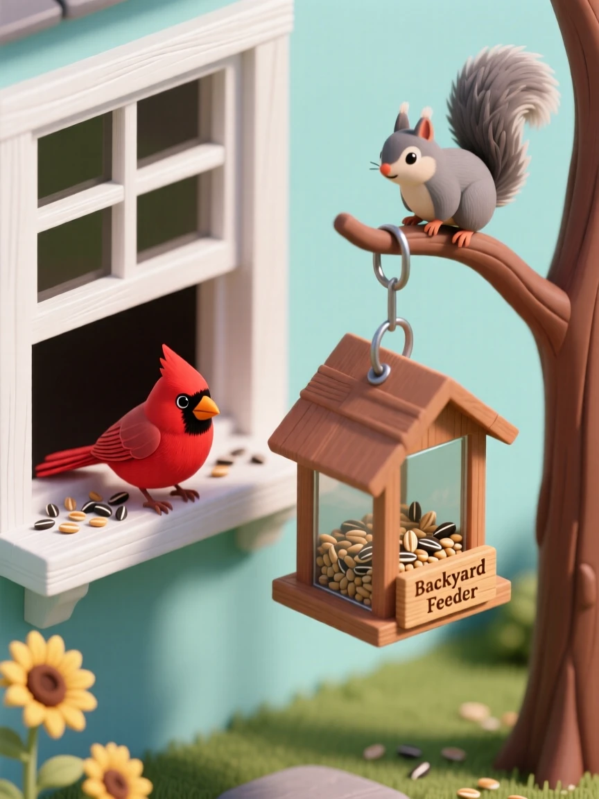 A quiet scene of feeding backyard birds at a feeder, seeds scattered on a windowsill, and a squirrel eyeing the feast from a nearby branch.
