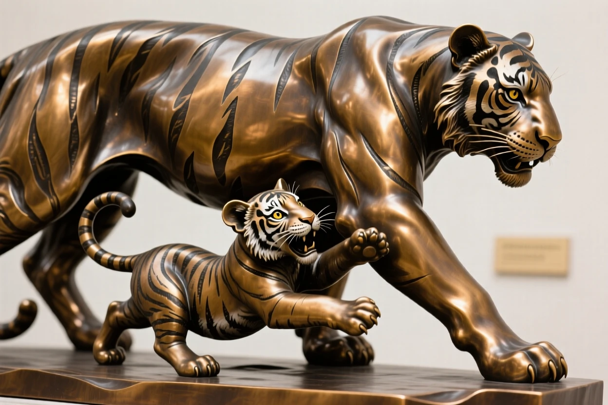 A tiger cub playing beneath its watchful mother, rendered with rich, dynamic energy, evoking wonder and majesty
