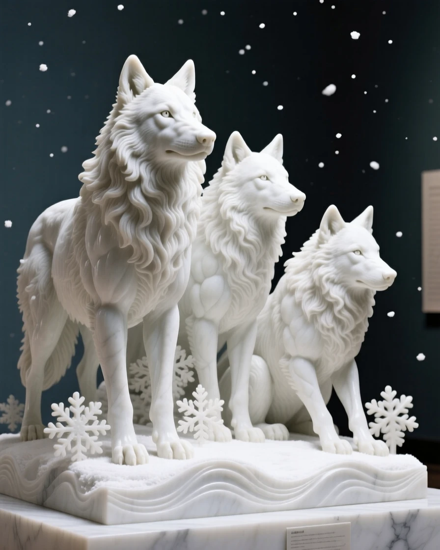 A wolf pack captured in a powerful, dignified pose surrounded by falling snow