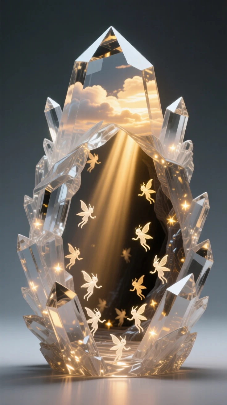 A crystal cave inhabited by tiny glowing sprites at golden hour with warm rays breaking through the clouds, epic scale composition, inspiring a sense of wonder and hope.