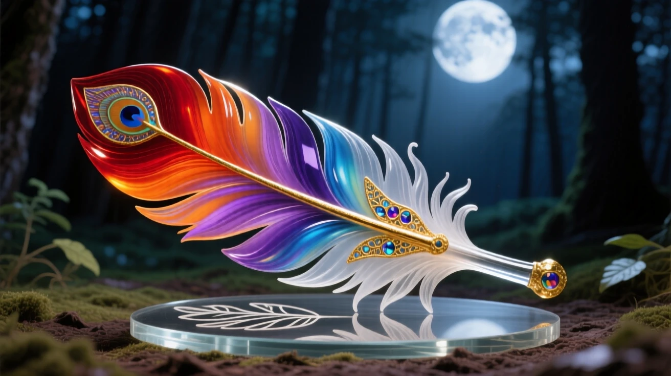 A phoenix feather glowing softly in a moonlit clearing, mysterious and symbolic.