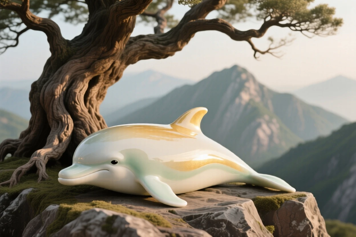 A noble dolphin resting beneath a great old tree in a rugged mountain ridge, its coat catching the golden light.