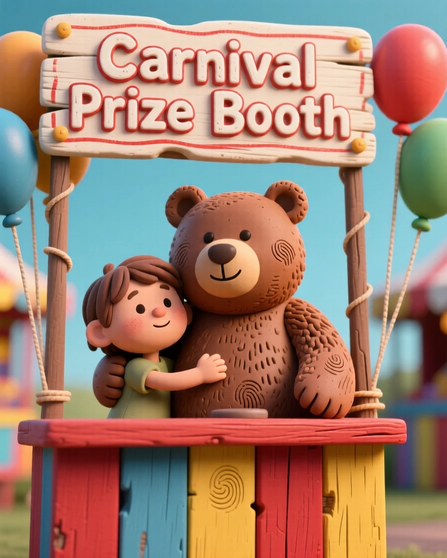 A child hugging a large stuffed bear at a carnival booth
