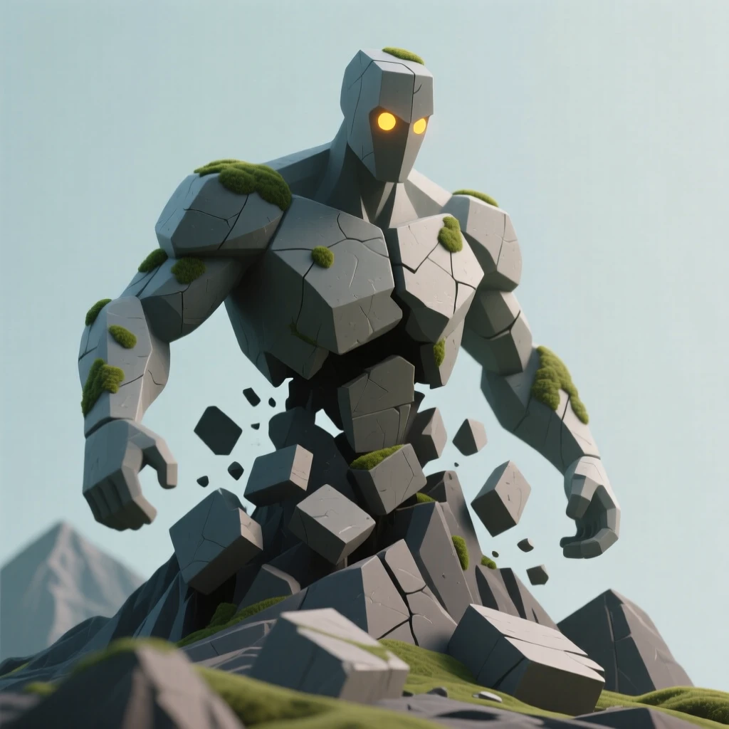 A powerful earth elemental made of stone and moss rises slowly from a crumbling mountainside, eyes glowing amber.