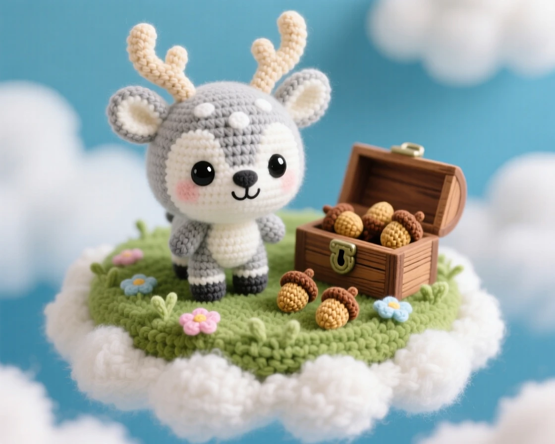 a round baby cloud deer, with a soft misty coat and small antlers, grazing quietly on a floating meadow, within a floating island drifting among the clouds, near a small wooden chest overflowing with acorns, radiating playful whimsy and lighthearted charm.