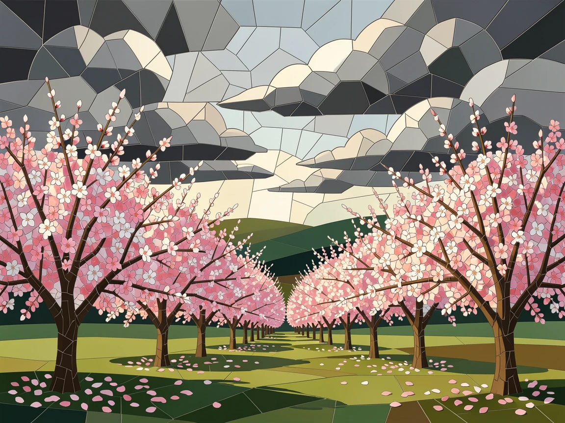 A wide panoramic view of a peaceful orchard in full blossom with soft pink and white petals, with dramatic clouds and rich natural color.