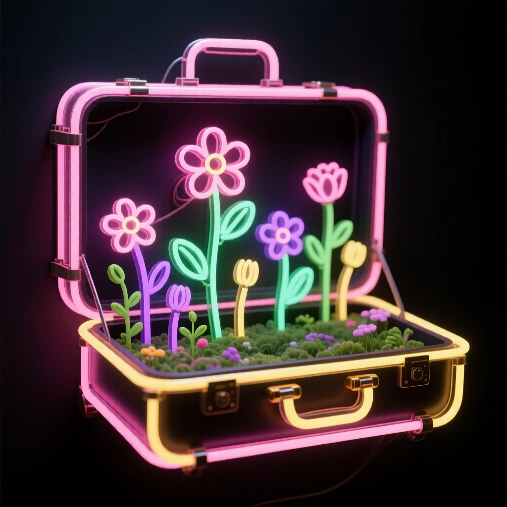A suitcase that opens into a miniature blooming garden.