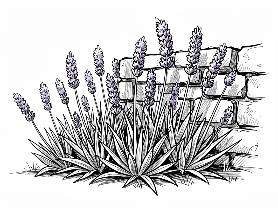 A meadow of lavender along a stone garden wall.