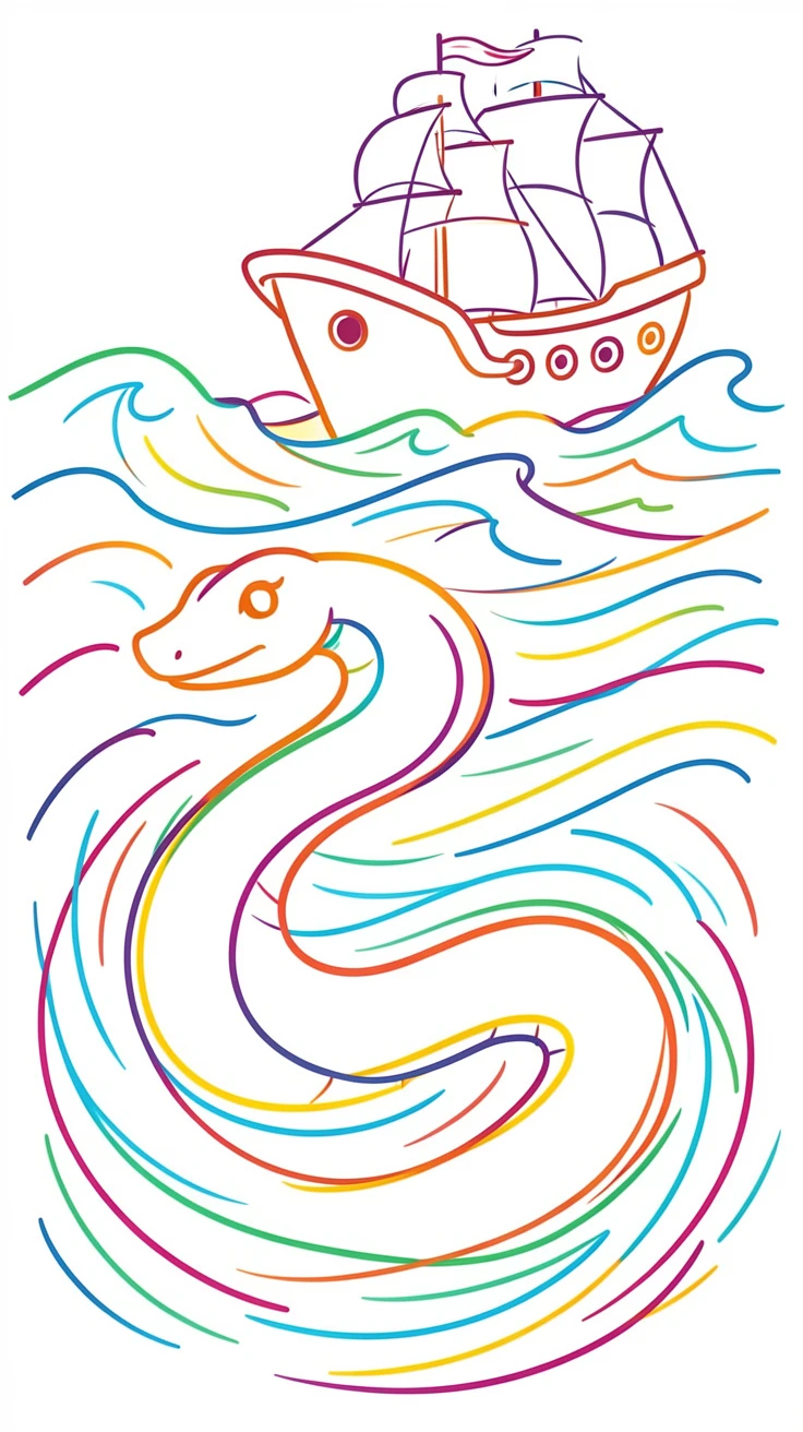 A sea serpent coiling beneath the surface of a stormy ocean near a ship.
