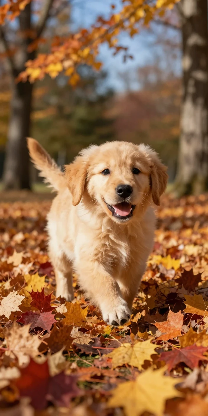 A golden retriever puppy playing in autumn leaves