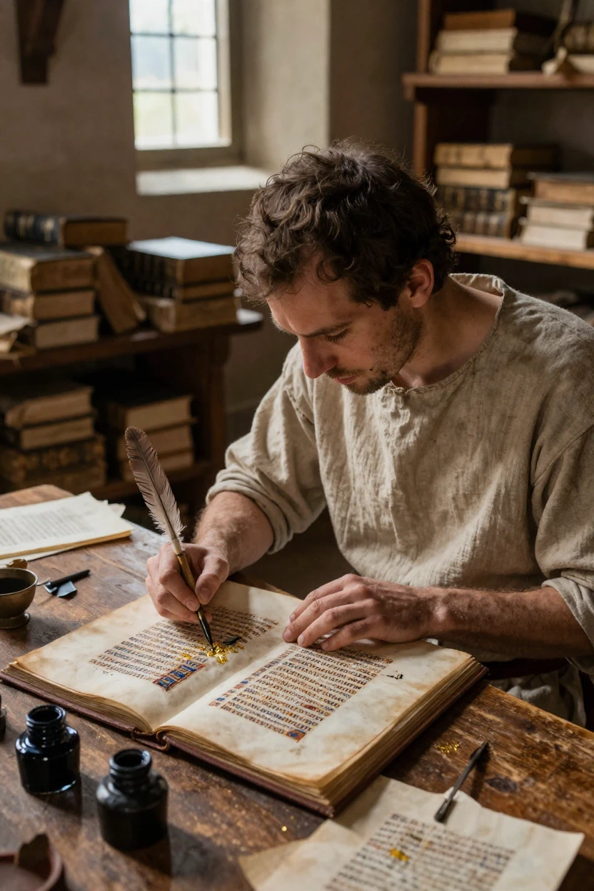 A medieval scribe illuminates a manuscript page with gold leaf and ink.