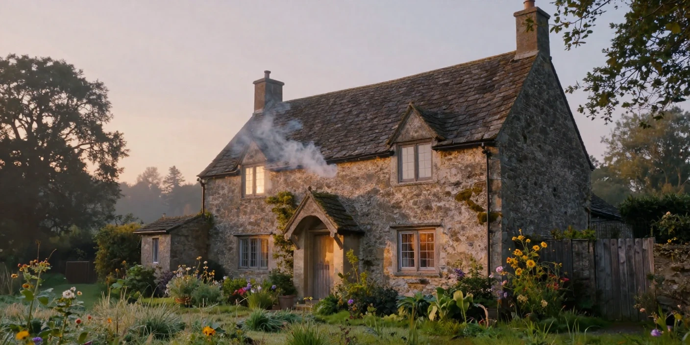 A cozy stone cottage with smoke curling from its chimney as morning light spills through the windows