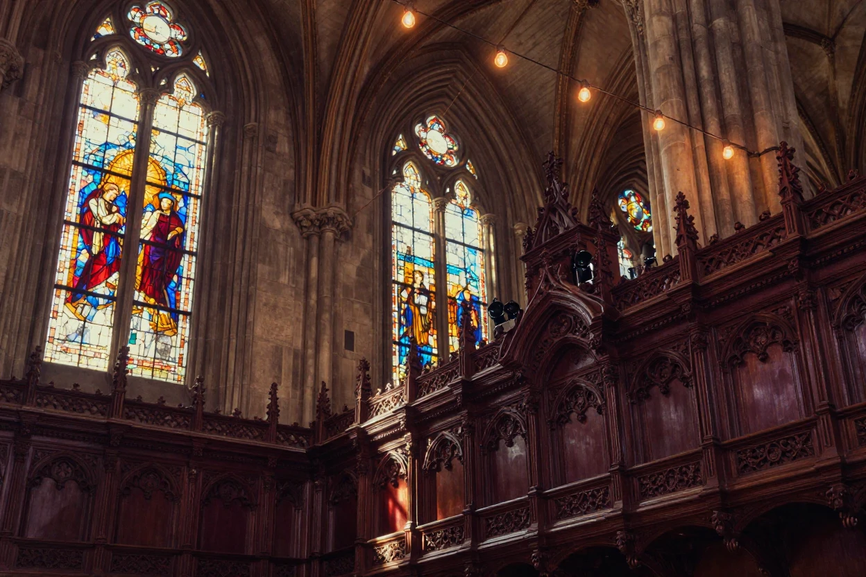 An ornate cathedral interior with light streaming through stained glass, under strings of warm string lights, in crisp, dry air, as summer fades into fall, with rich burgundy and gold accents, in a tight close-up.