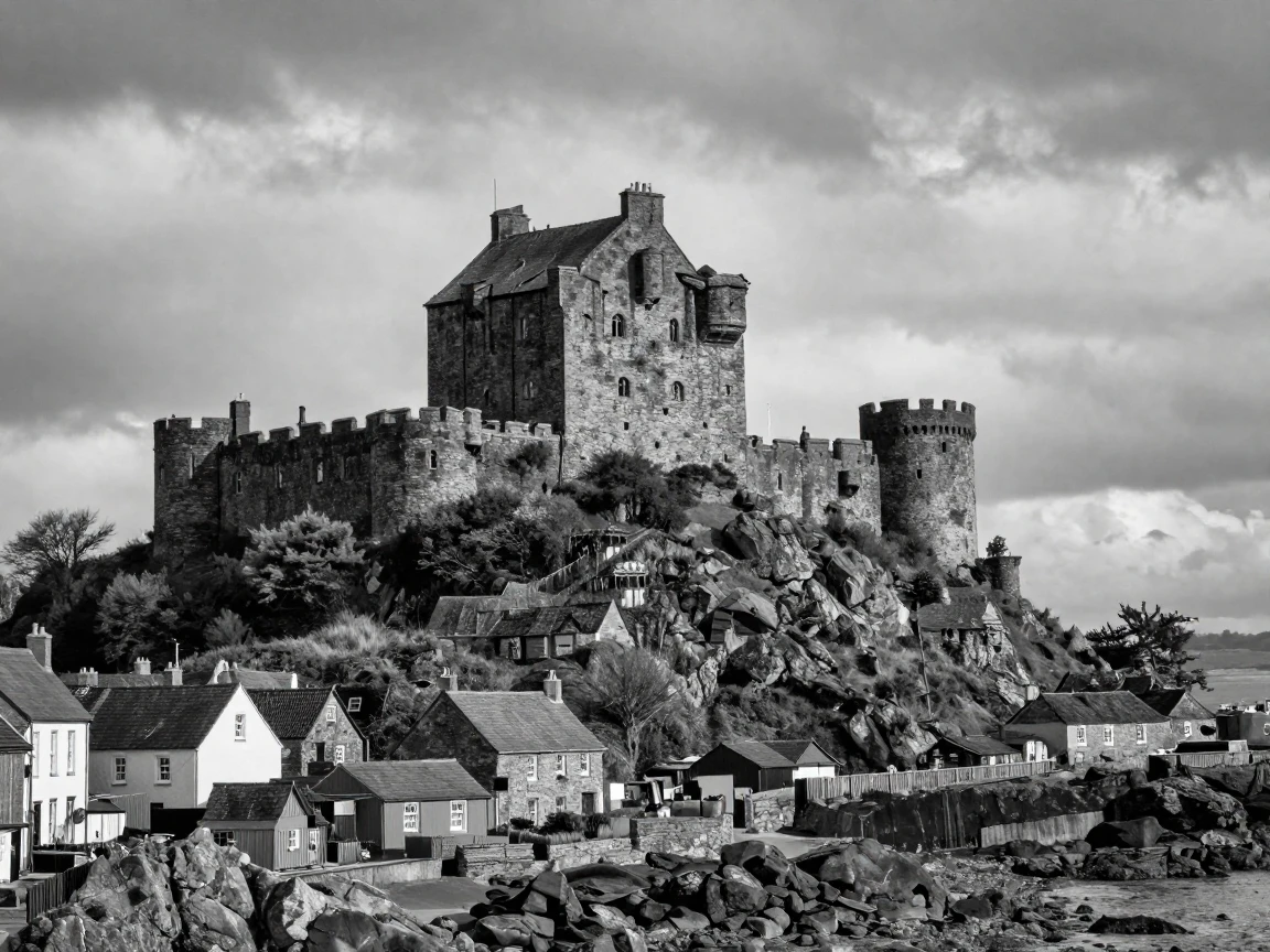 A historic castle stands guard over a hillside town on a rugged coastal hillside.