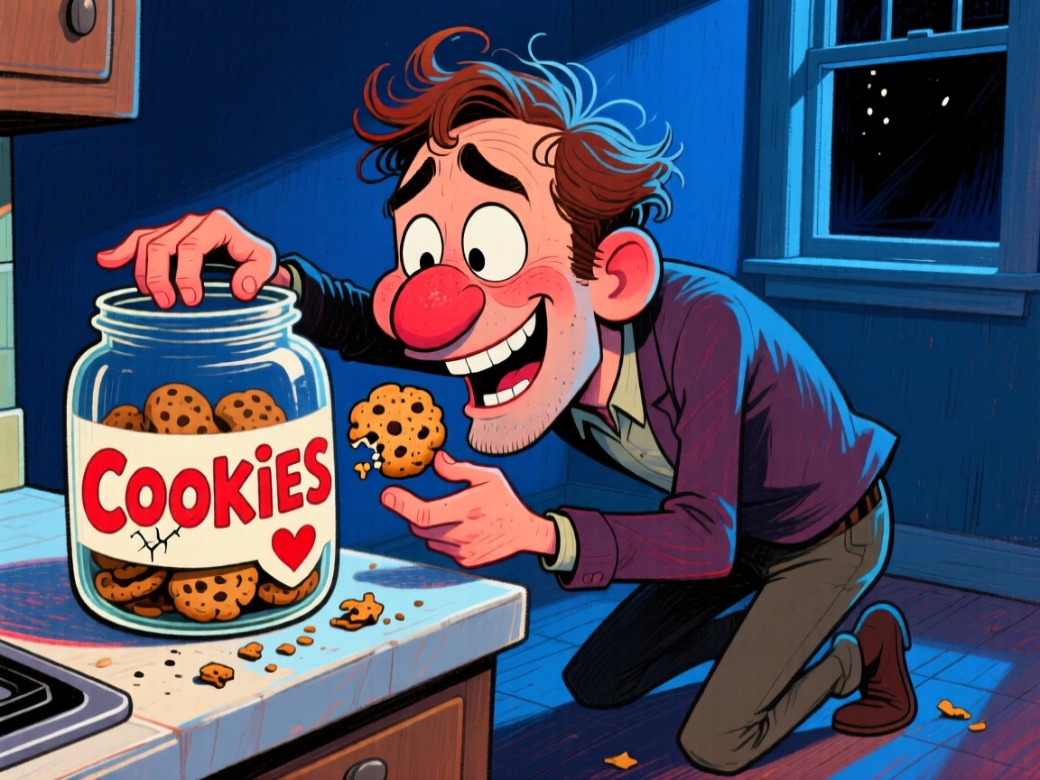 A man caught red-handed sneaking a cookie from the jar at midnight.