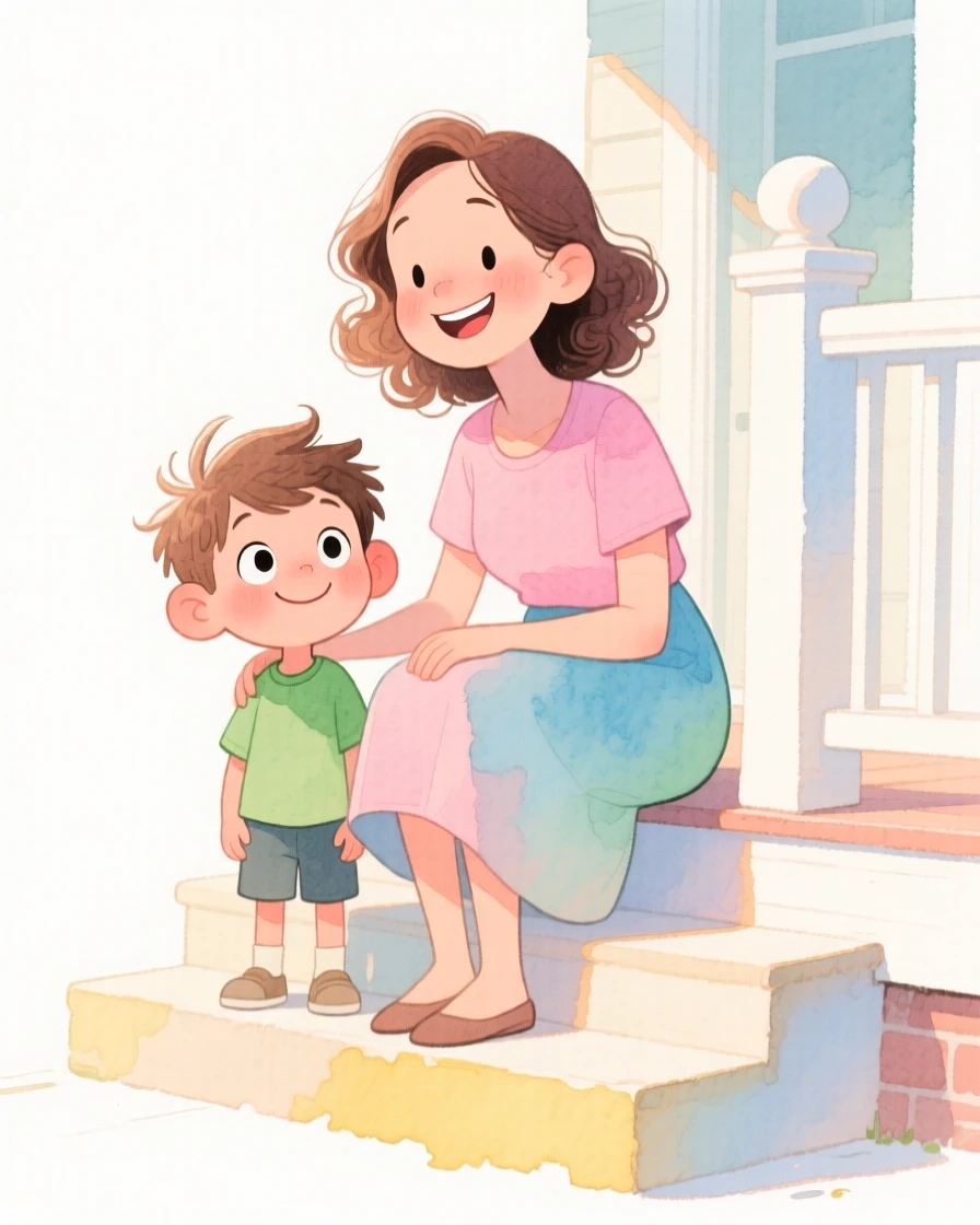 A mother and son gathered for a family portrait on the porch steps