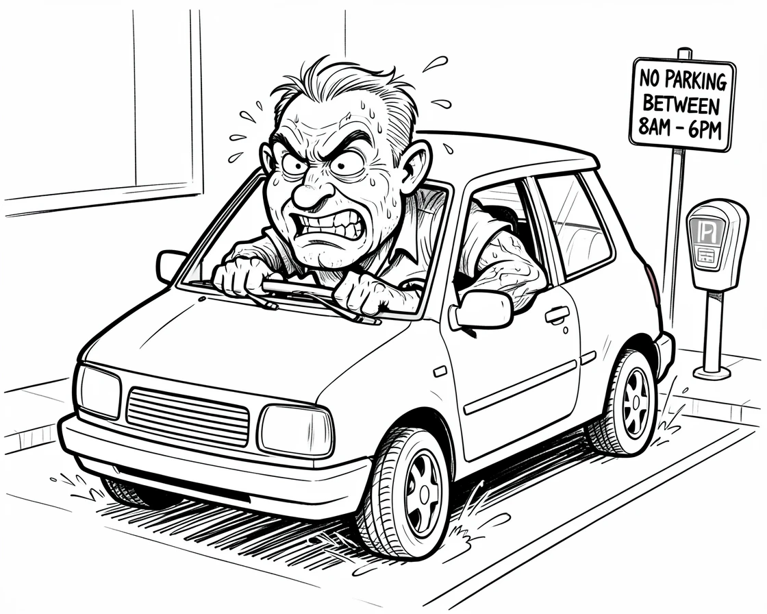 [Funny & Exaggerated Situations] Comical scene of a man trying to parallel park with comically exaggerated effort, exaggerated for maximum laughs