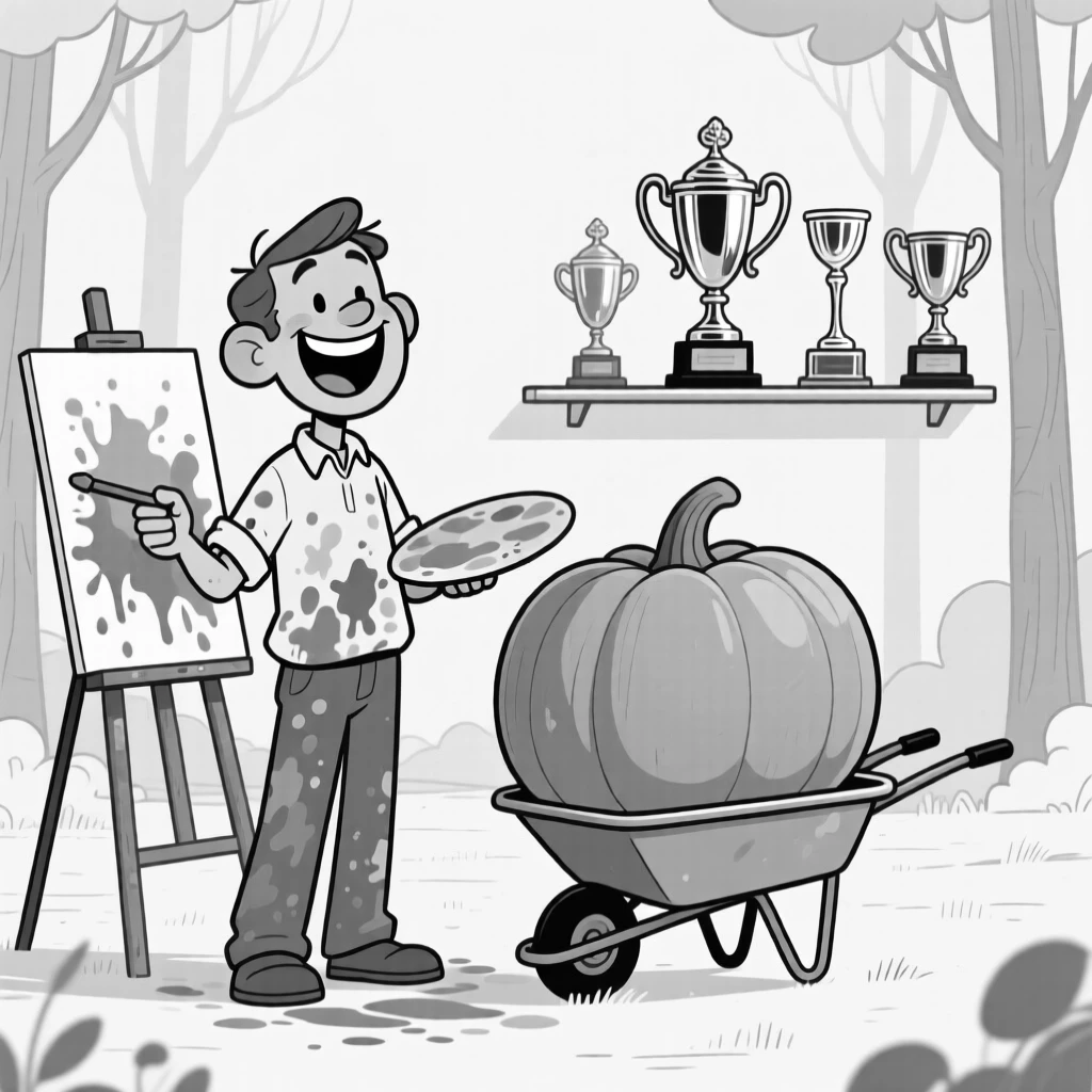 A painter splattered head to toe in colorful paint, grinning ear to ear beside a pumpkin bigger than a wheelbarrow, set in a quiet forest clearing. A trophy shelf gleams in the background. There's pure, giddy passion radiating from the scene.