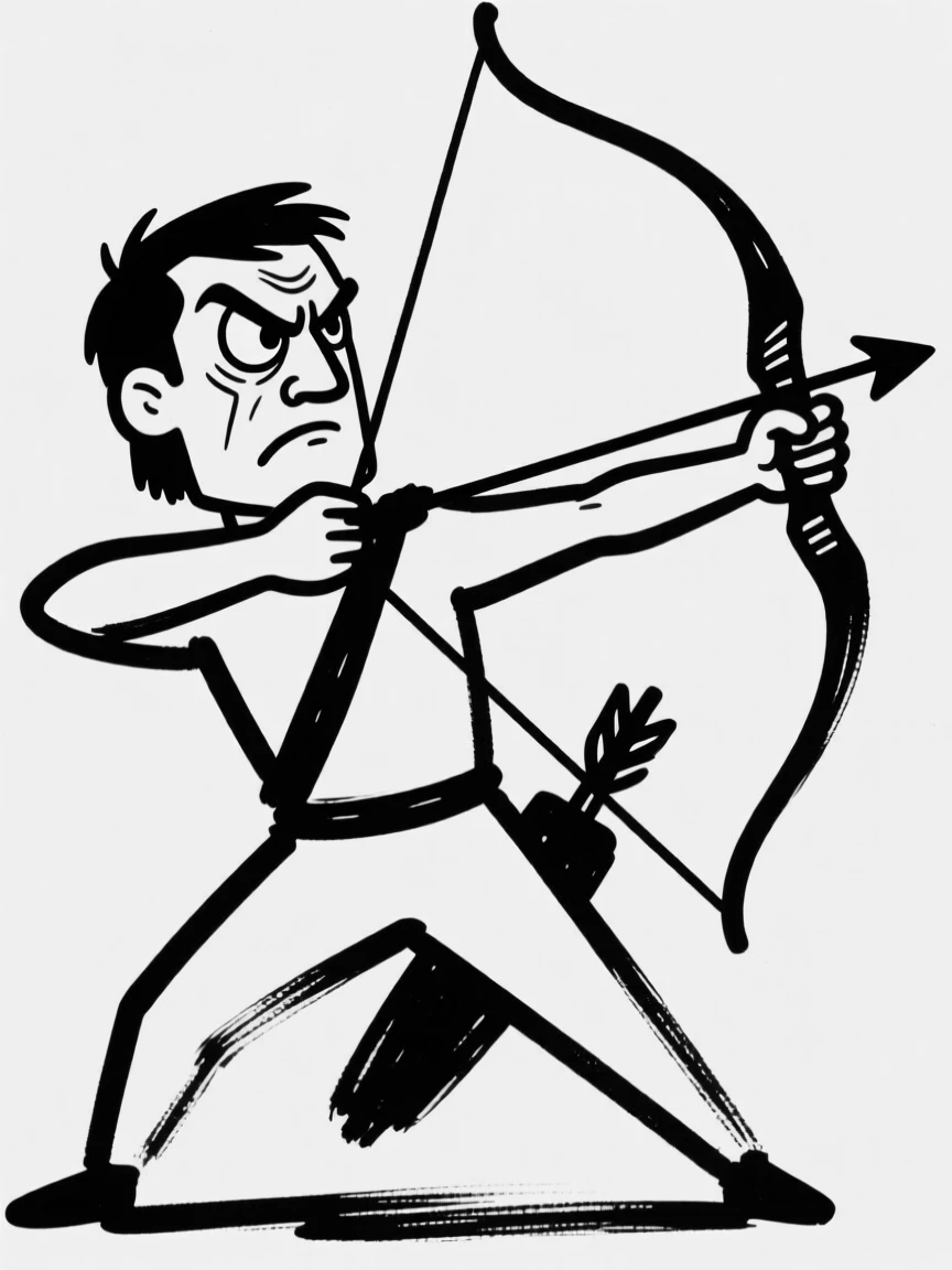 A archer drawing back a bow with intense focus, arrow aimed at a distant target.