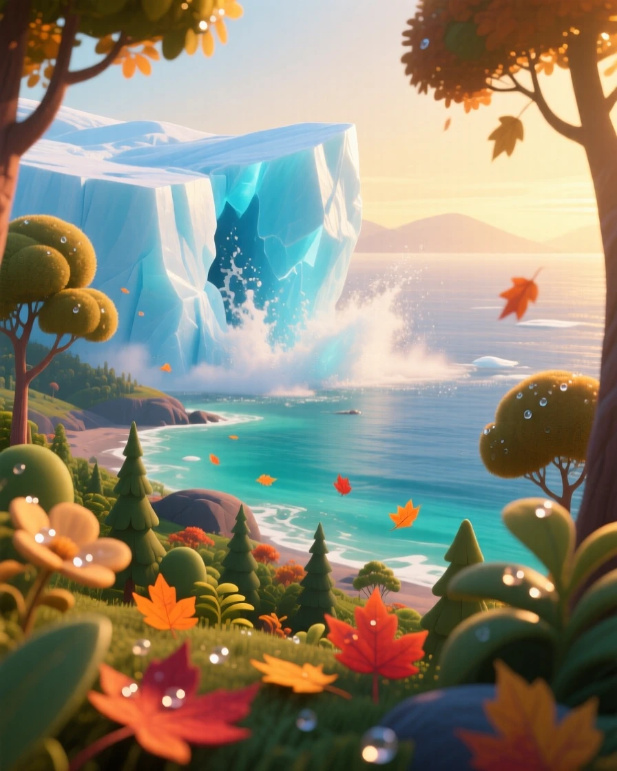 A glacier calving into the sea glows as morning dew clings to every leaf and petal, with fallen leaves drifting slowly on the breeze. A deep sense of peace and quiet awe fills the scene.