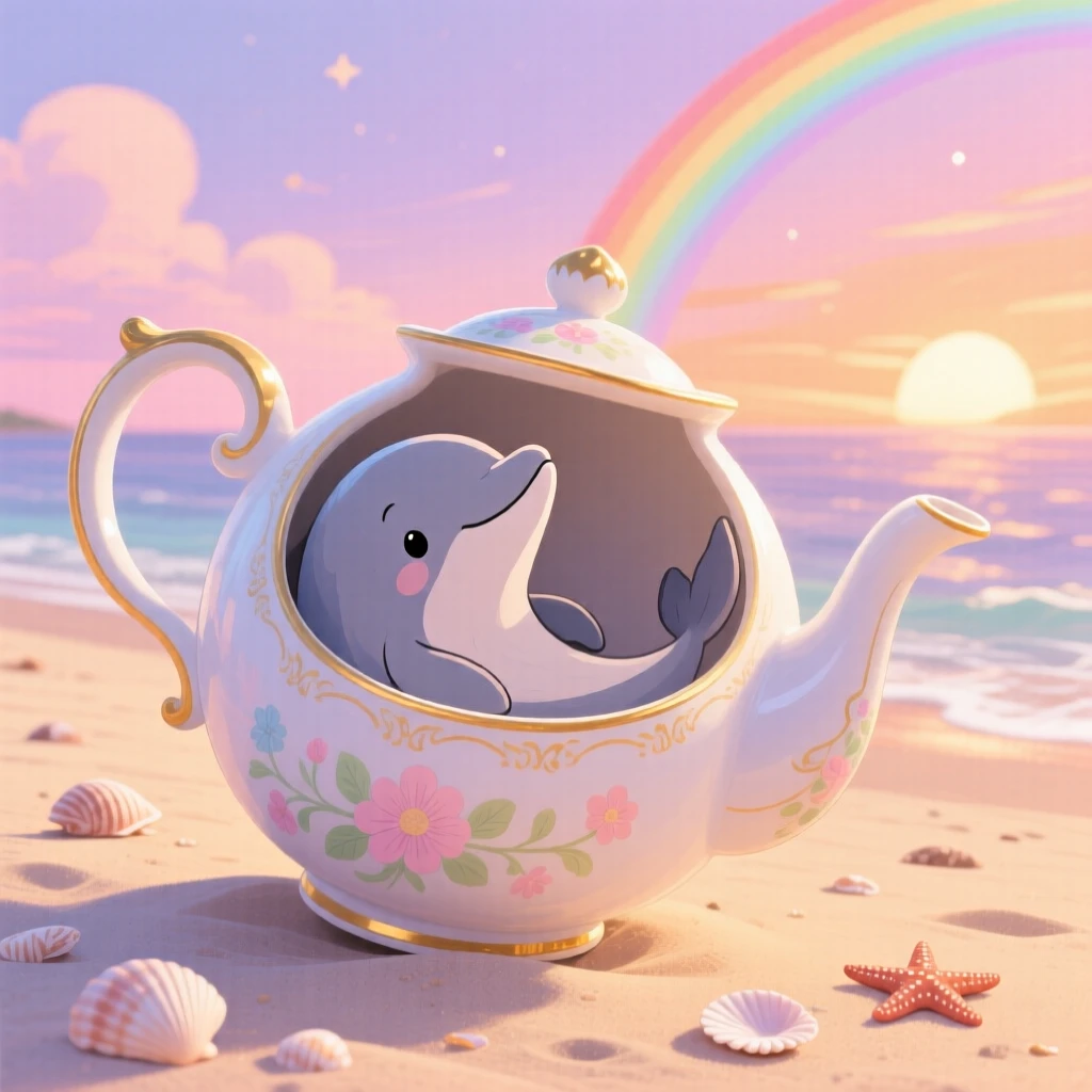 A gentle dolphin pauses from curling up inside a teapot to look up in a sandy beach at sunrise, with a rainbow arching in the distance.