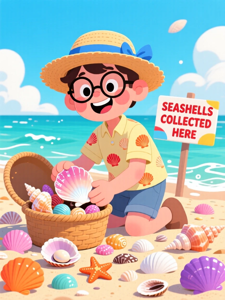A collector arranging seashells found along the shore.