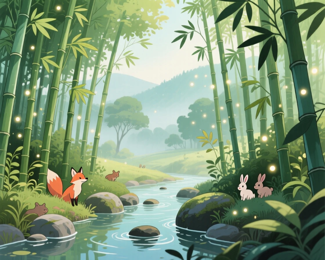 A bamboo forest swaying gently in the wind, a narrow stream trickling over smooth stones, creating a scene of quiet natural magic.