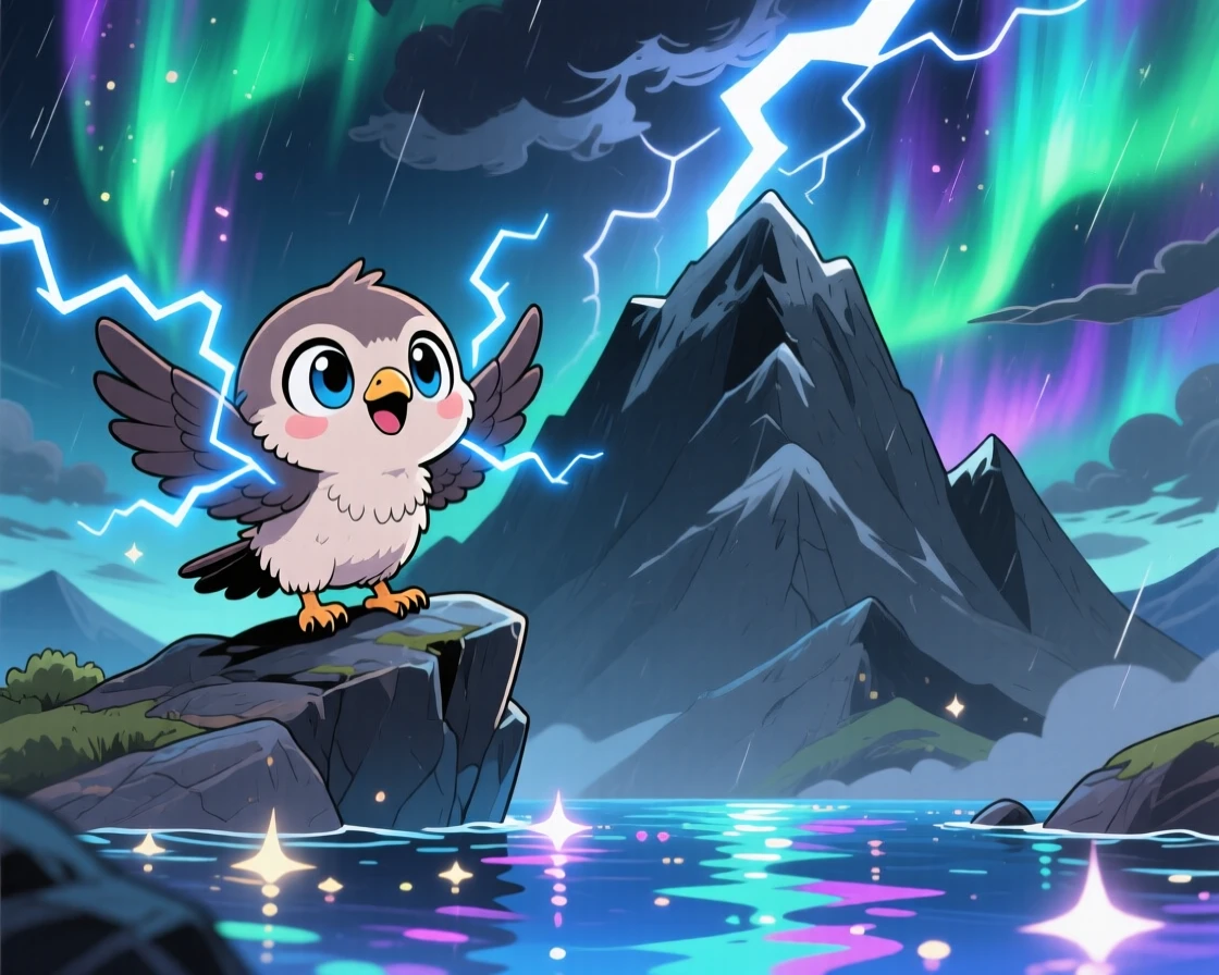 Worm's-eye view: a baby thunderbird, sparking tiny harmless lightning between its feathers, set against a stormy mountain peak beneath swirling aurora-lit skies, with shimmering reflected light off water and a mood of curious excitement.
