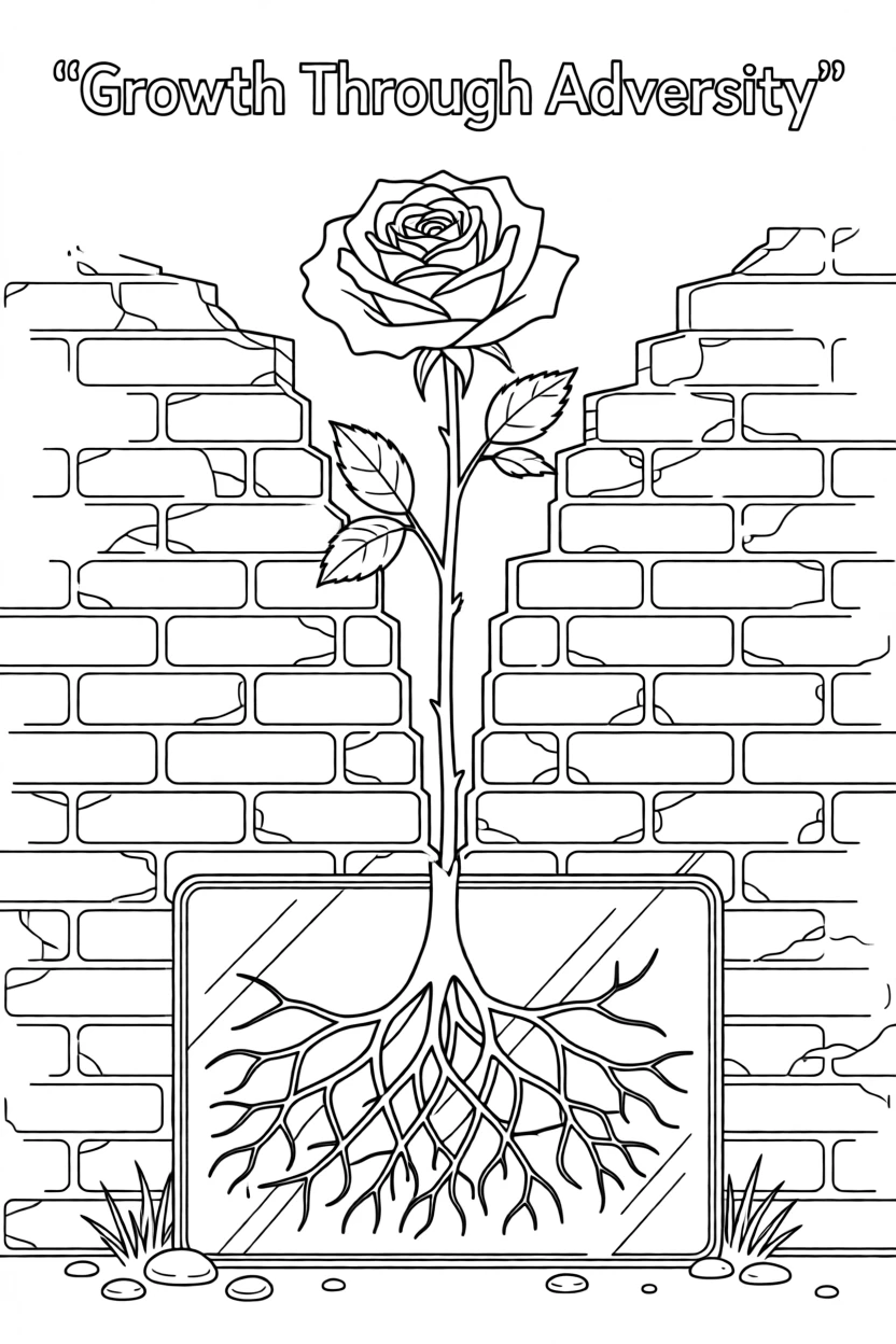 A rose growing through a crack in an old brick wall, with delicate roots visible through the glass.