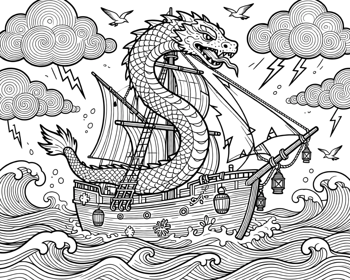 A sea serpent coiling around a ship's mast in stormy waters.